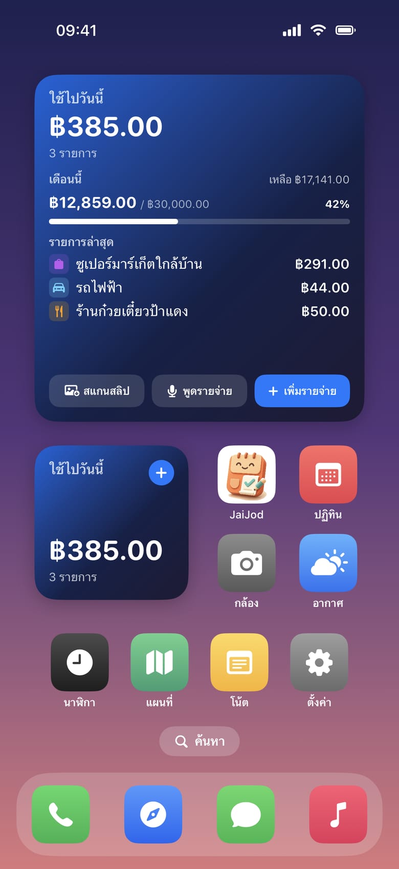 JaiJod widgets on the Home Screen: 385 baht spent today, this month's budget, and buttons to scan a slip, say an expense or add one